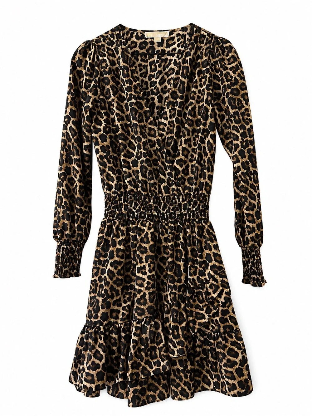 EUC Michael Kors Dark Camel Leopard Print Long  Sleeve Ruffle V - Neck Dress XS